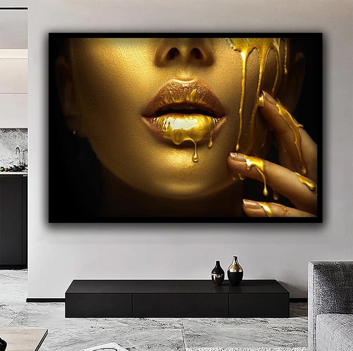 Woman Gold Lip Art Gold Woman Lip Print Black Girl Art Gold Woman Wall Art Gold Art Print Modern Home Decor - Image 2