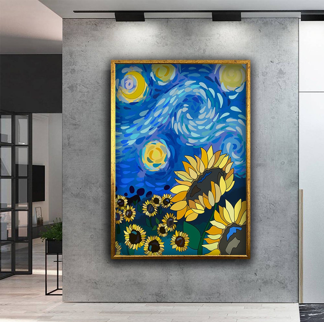 Sunflowers Starry Night Van Gogh Style Swirling Sky Art Poster - Image 3