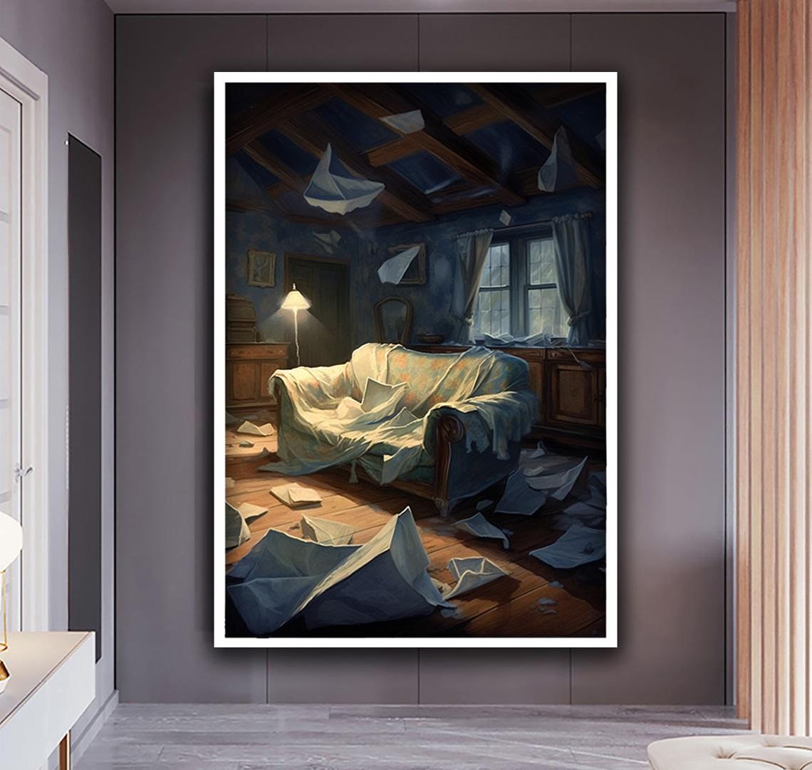 Abandoned Room Dust Sheet Furniture Moody Blue Interior Art Poster - Image 4