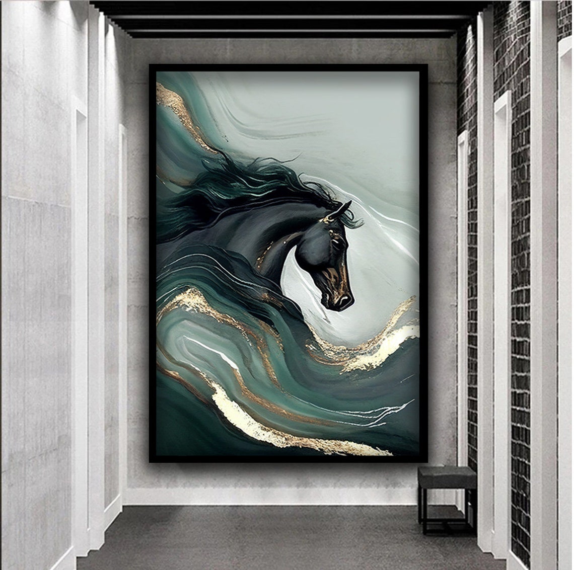 Black Horse Emerging from Teal and Gold Marbled Waves Abstract Poster - Image 3