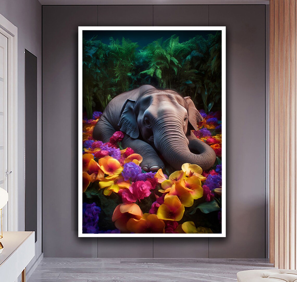 Baby Elephant Among Colorful Flowers Jungle Botanical Nursery Art Poster - Image 4