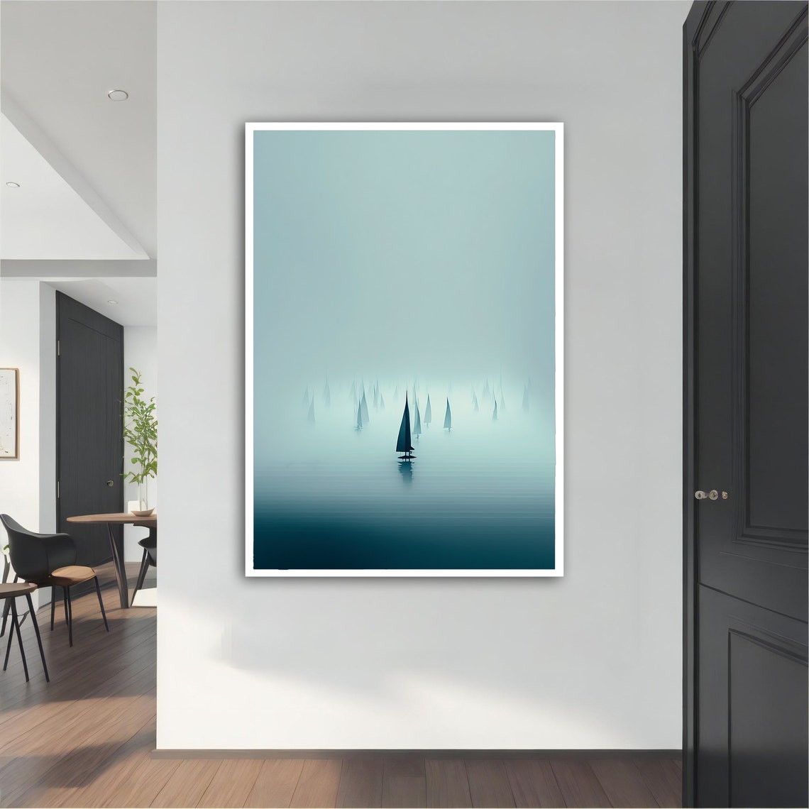 Foggy Sea Sailboats Minimalist Teal Ocean Calm Horizon Art Poster