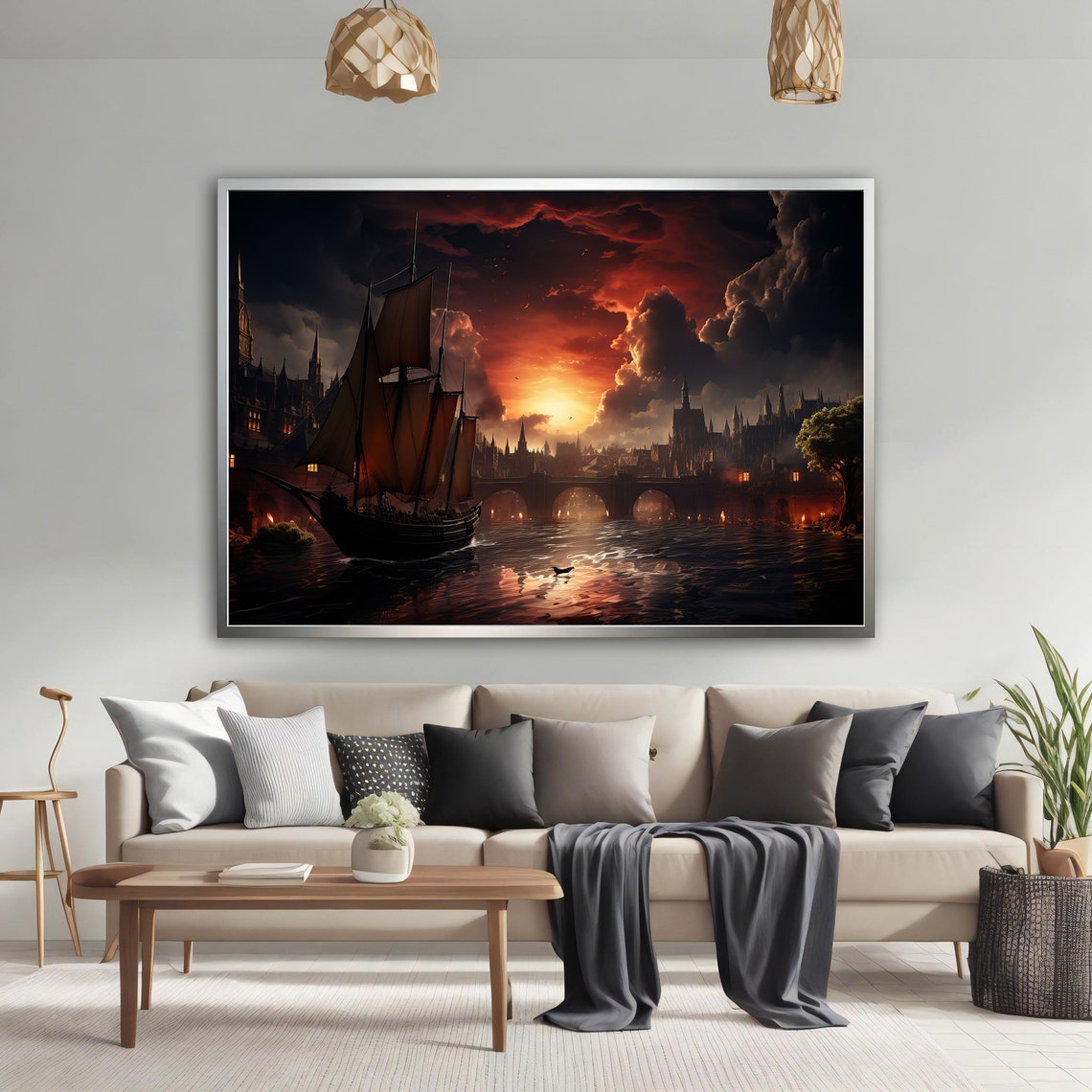 Pirate Ship Sailing Past Burning City at Dramatic Fiery Sunset Poster - Image 2