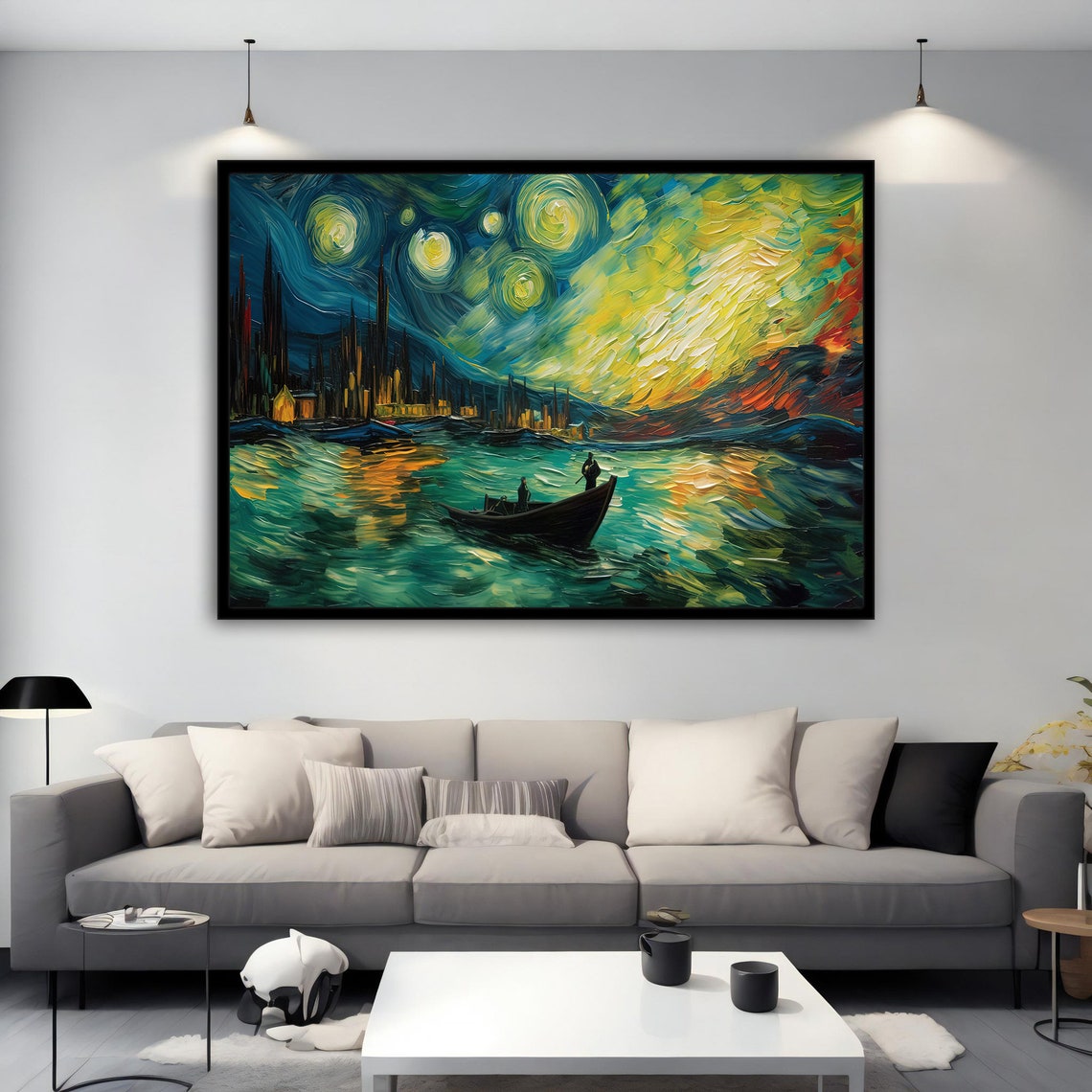 Starry Night Lake Inspired Swirling Sky Night Landscape Art Poster - Image 2