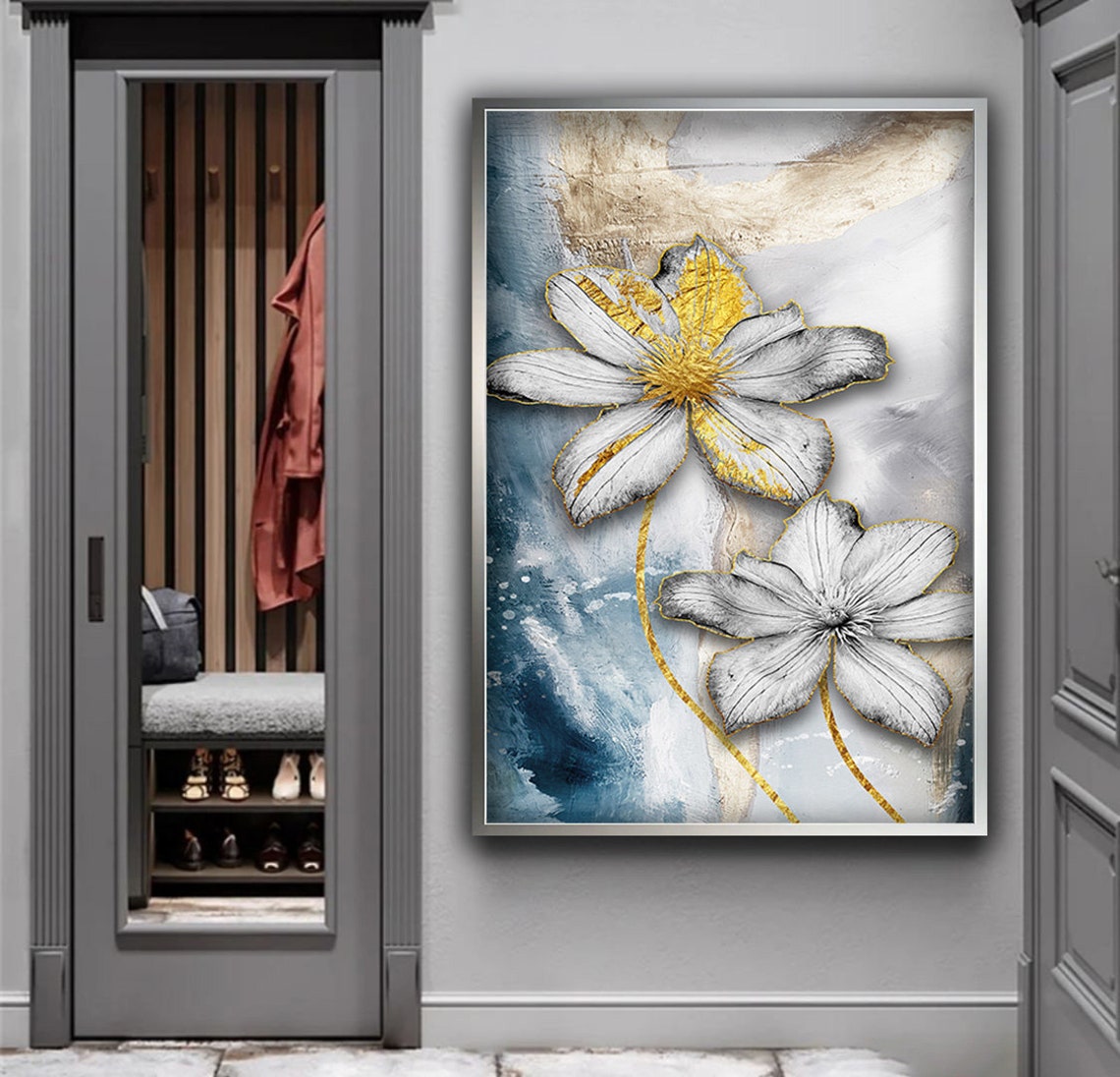 White Gold Flowers Blue Abstract Blooming Floral Wall Art Poster - Image 3