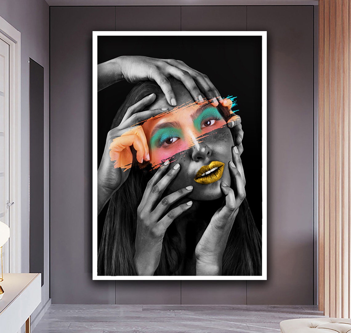 Woman Wall Art Colorful Eyes Print Gold Lip Painting Woman Portrait Green Eye Makeup Abstract Girl Face Art - Image 3