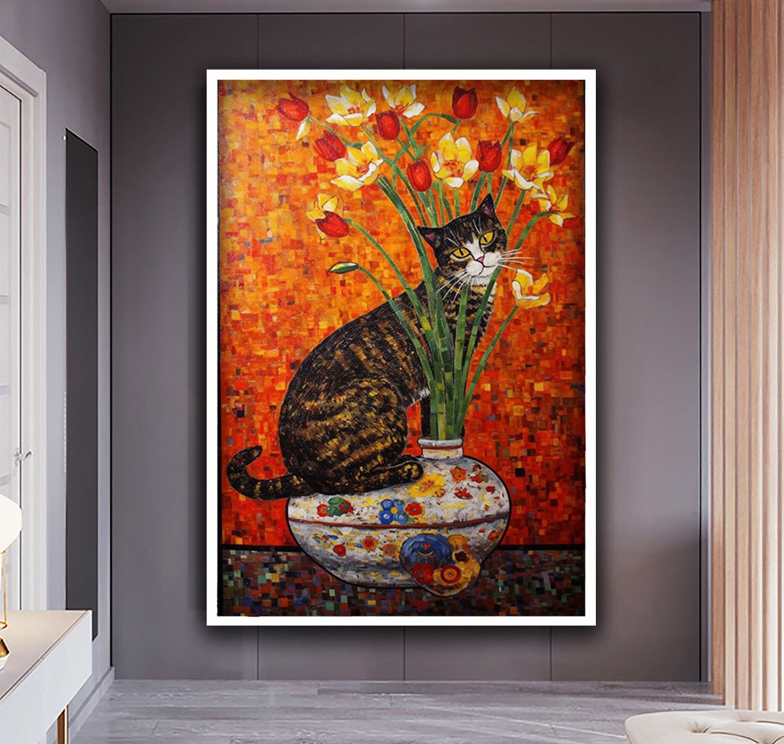 Cat On Flower Vase Tulips Mosaic Orange Background Art Poster - Image 3