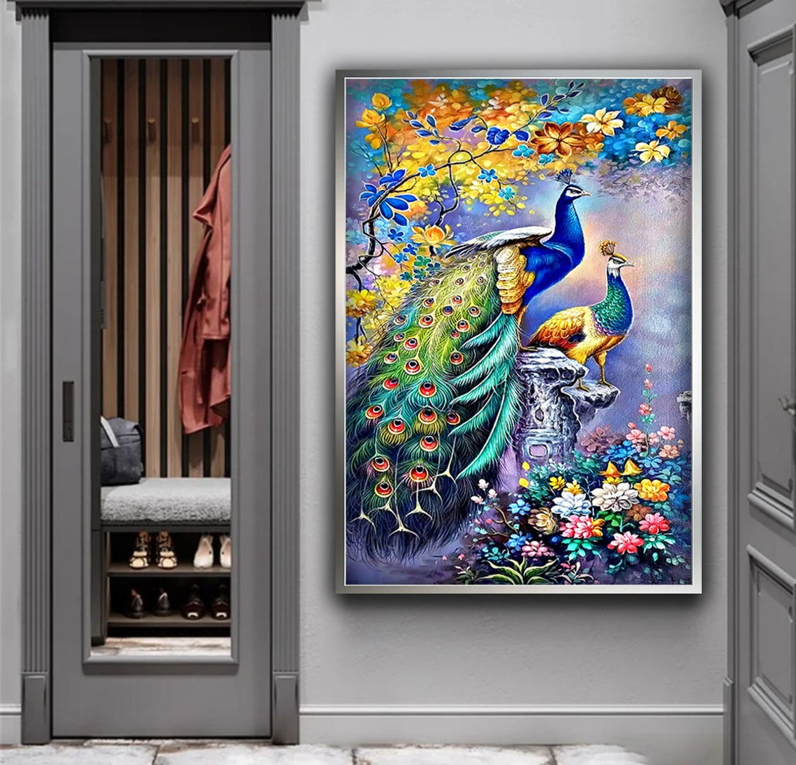 Two Colorful Peacocks Lush Garden Flowers Vibrant Bird Poster - Image 3