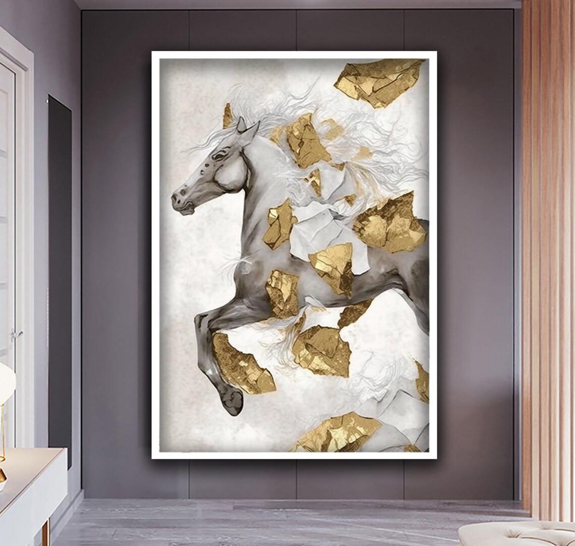 White Horse Rearing Gold Leaf Detailed Majestic Equine Art Poster - Image 3