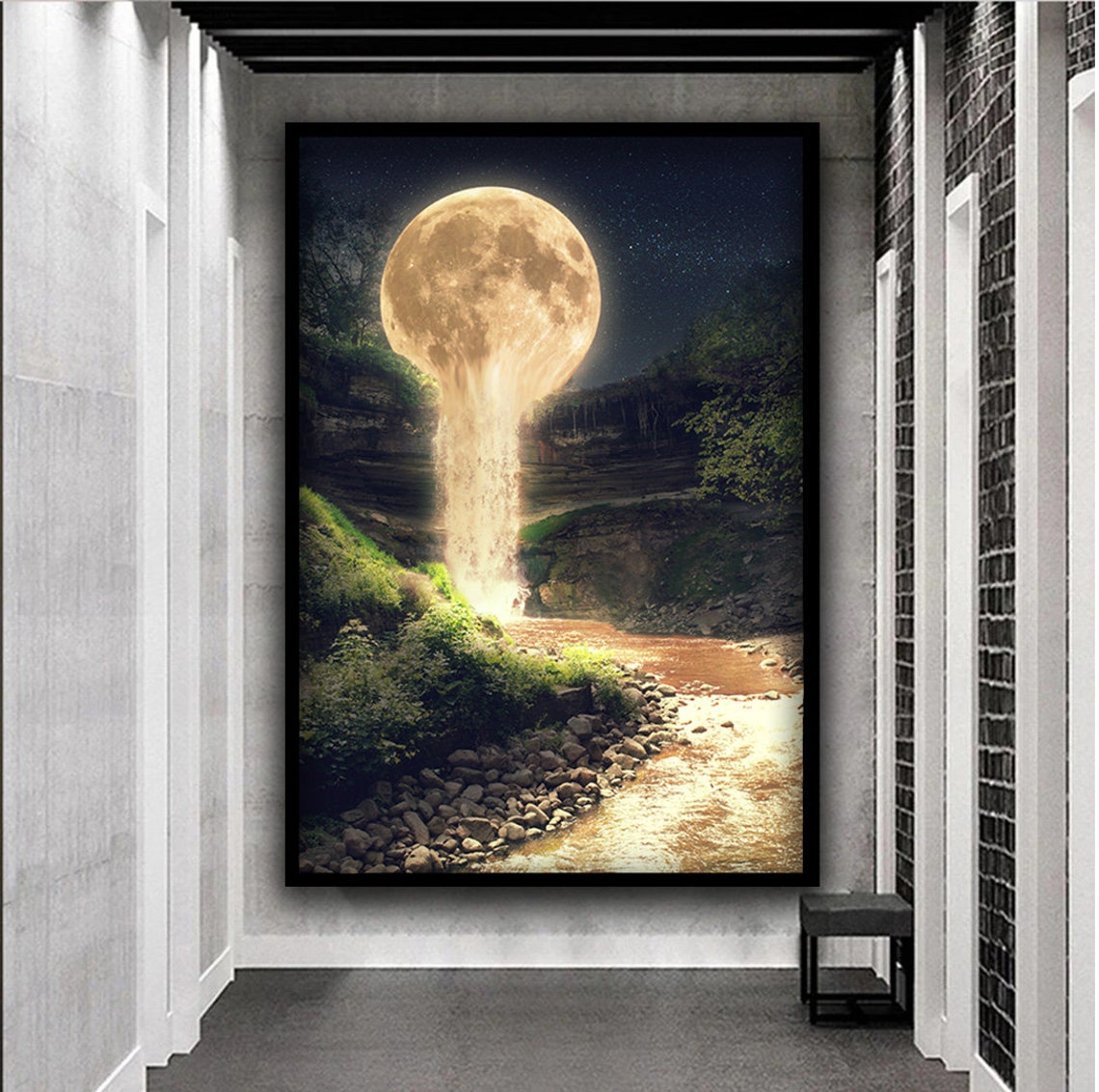 Melting Full Moon Waterfall Night Forest Surreal Dream Art Print - Image 5
