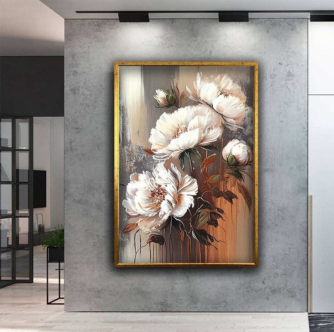 Blooming White Peonies Soft Grey Gold Botanical Floral Poster - Image 2
