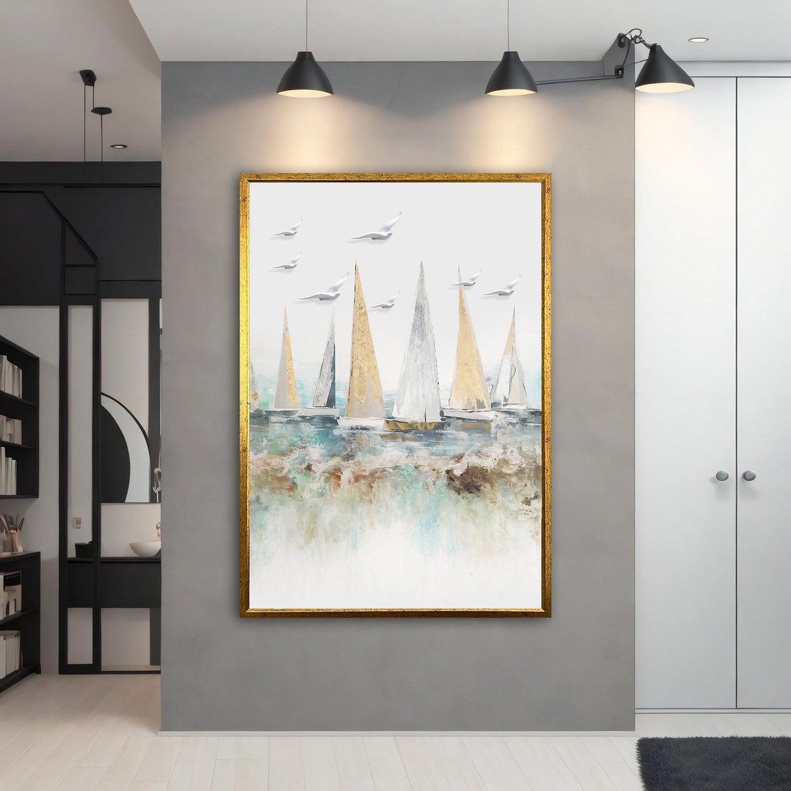 Minimalist Sailboats Gold Leaf Sails Seagulls Coastal Wall Art Print - Image 5