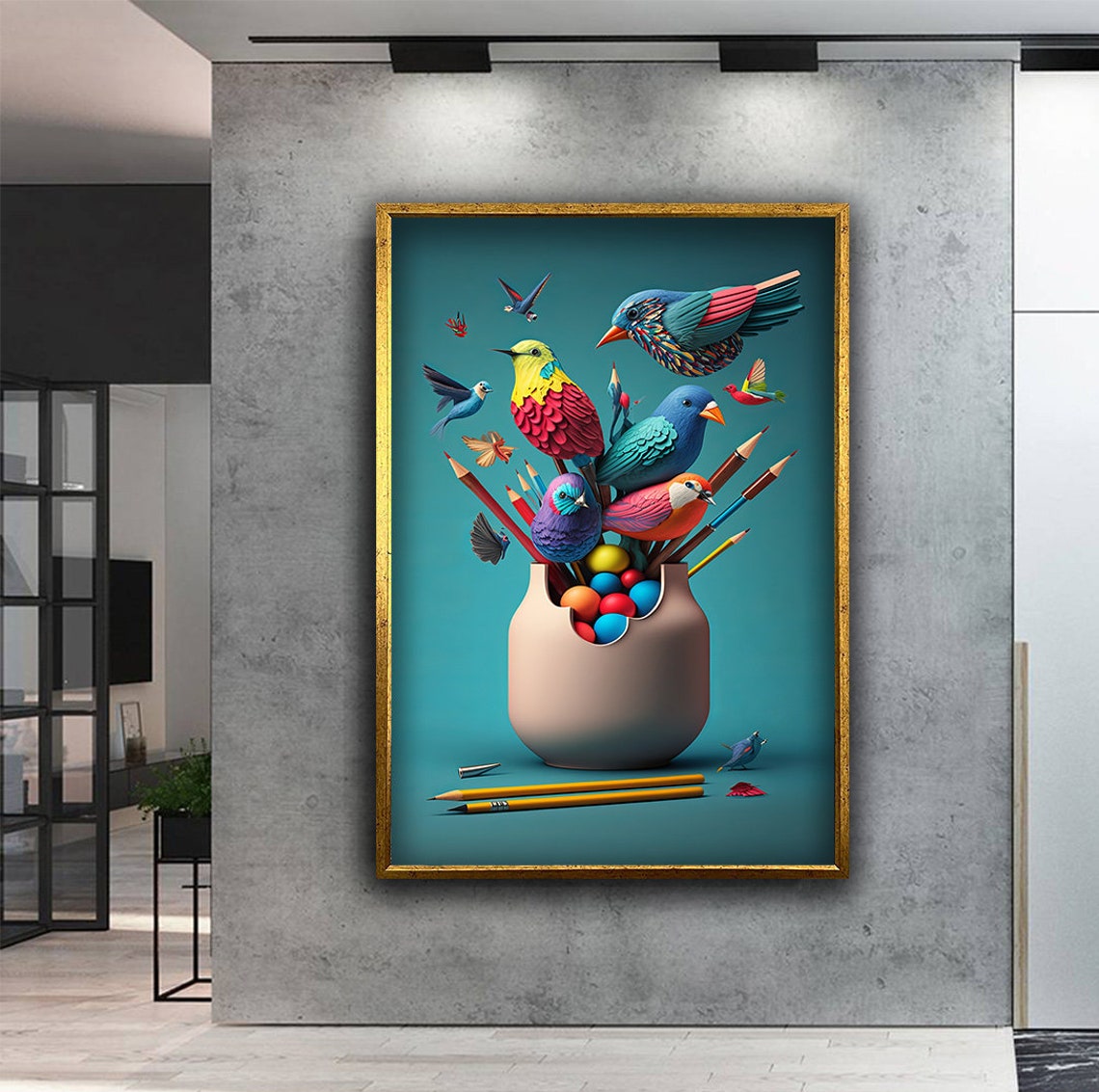 Colorful Birds Bursting From Vase With Pencils Whimsical Art Poster - Image 4