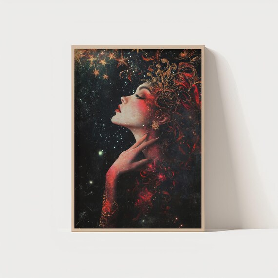 Celestial Goddess Wall Art Print Mystical Woman Portrait For Boho Fantasy Decor Starry Night Poster 300 Dpi