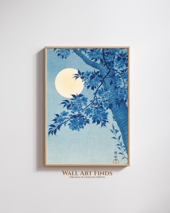 Ohara Koson Cherry Blossoms Full Moon Print Japanese Blue Botanical Art Vintage Ukiyoe Style Wall 300 Dpi