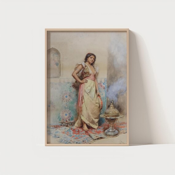 Orientalist Neoclassical Wall Art Vintage Oriental Painting Print Exotic Woman With Tambourine Antique Figurative Poster
