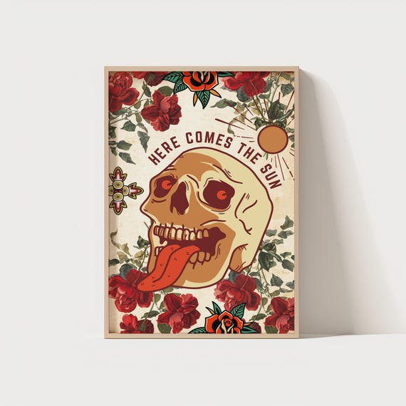 Here Comes The Sun Skull Print Old School Tattoo Style Wall Art Retro Poster 300 Dpi