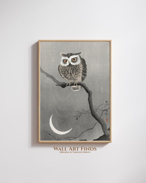 Ohara Koson Owl Crescent Moon Print Japanese Minimalist Night Art Vintage Woodblock Wildlife Poster Wall