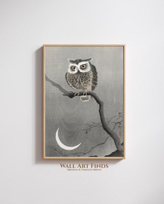 Ohara Koson Scops Owl on Branch with Crescent Moon Japanese Art Poster