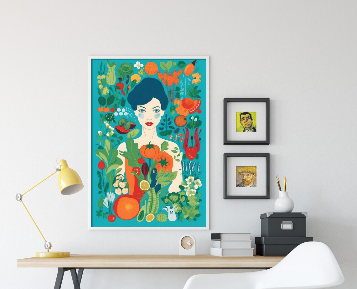 Vegan Woman Surrounded By Fresh Produce Botanical Style Poster - Image 4