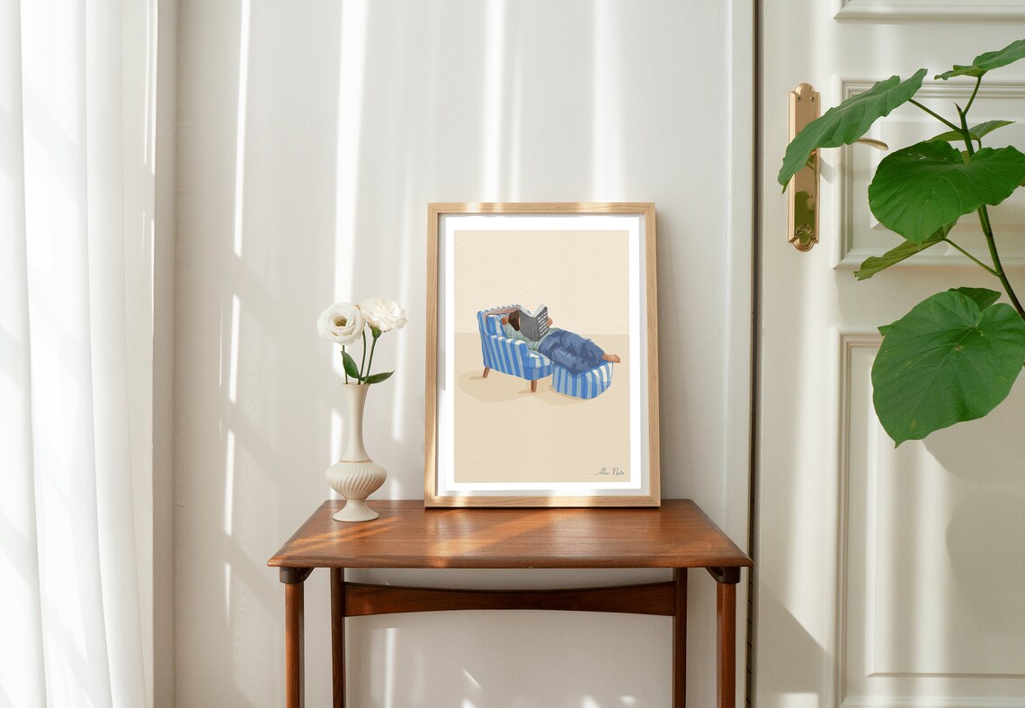 Cozy Reader on Blue Striped Armchair Self Love Book Art Poster - Image 2