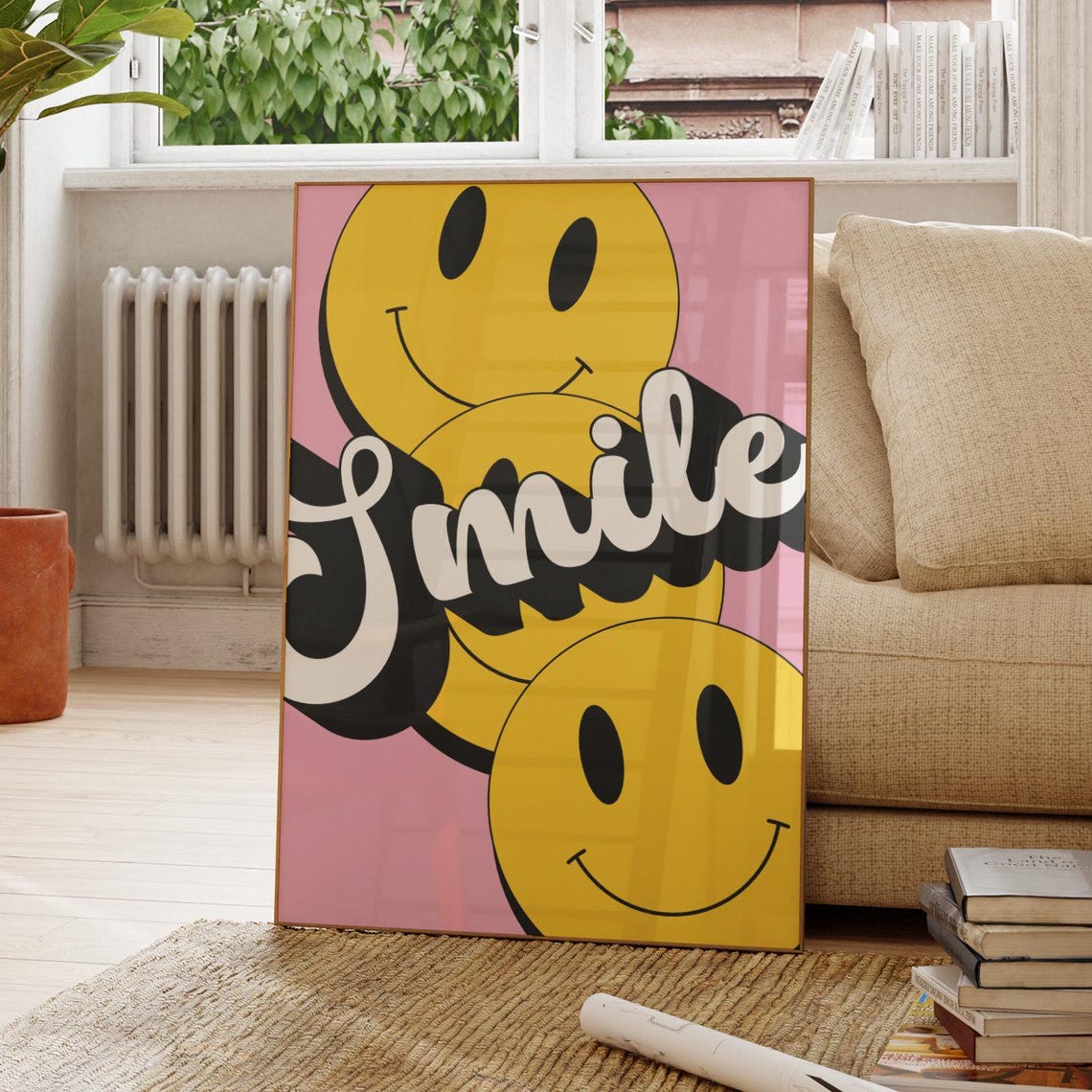Smile Retro Typography Yellow Smiley Faces Pink Pop Art Poster