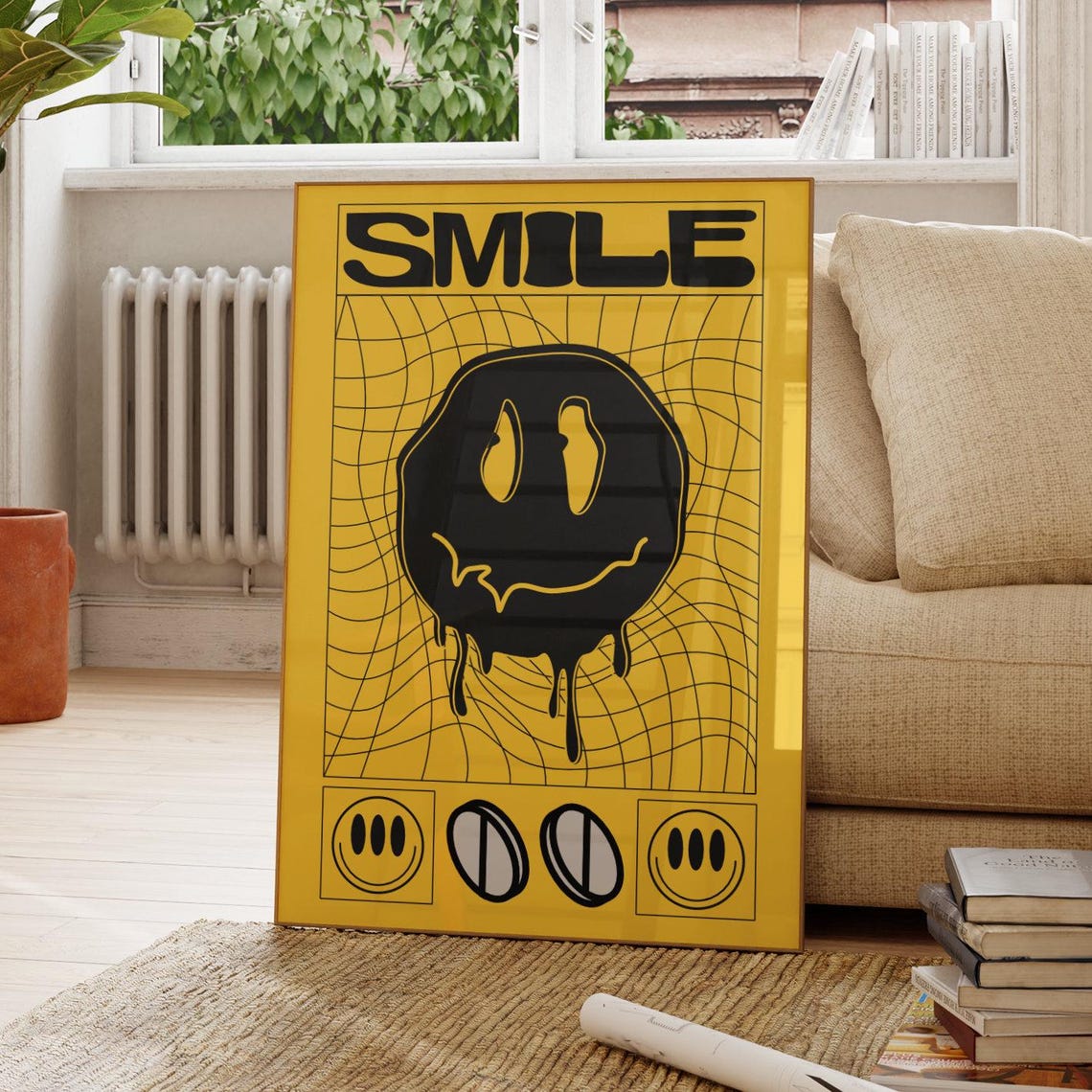 Smile Melting Smiley Face Psychedelic Yellow Retro Art Poster