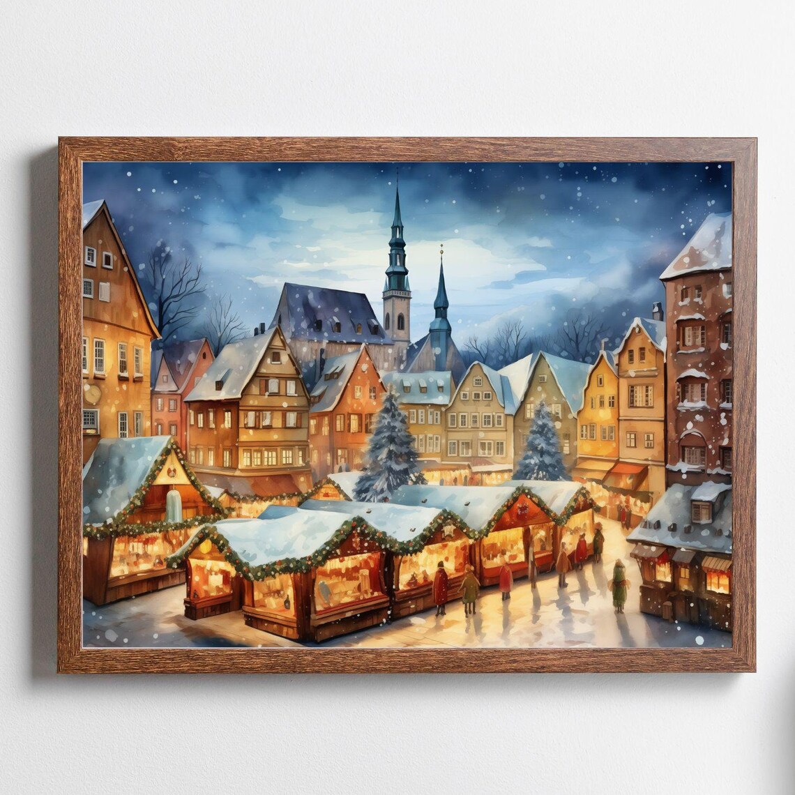 German Christmas Market Art Print, Medieval Village Scene