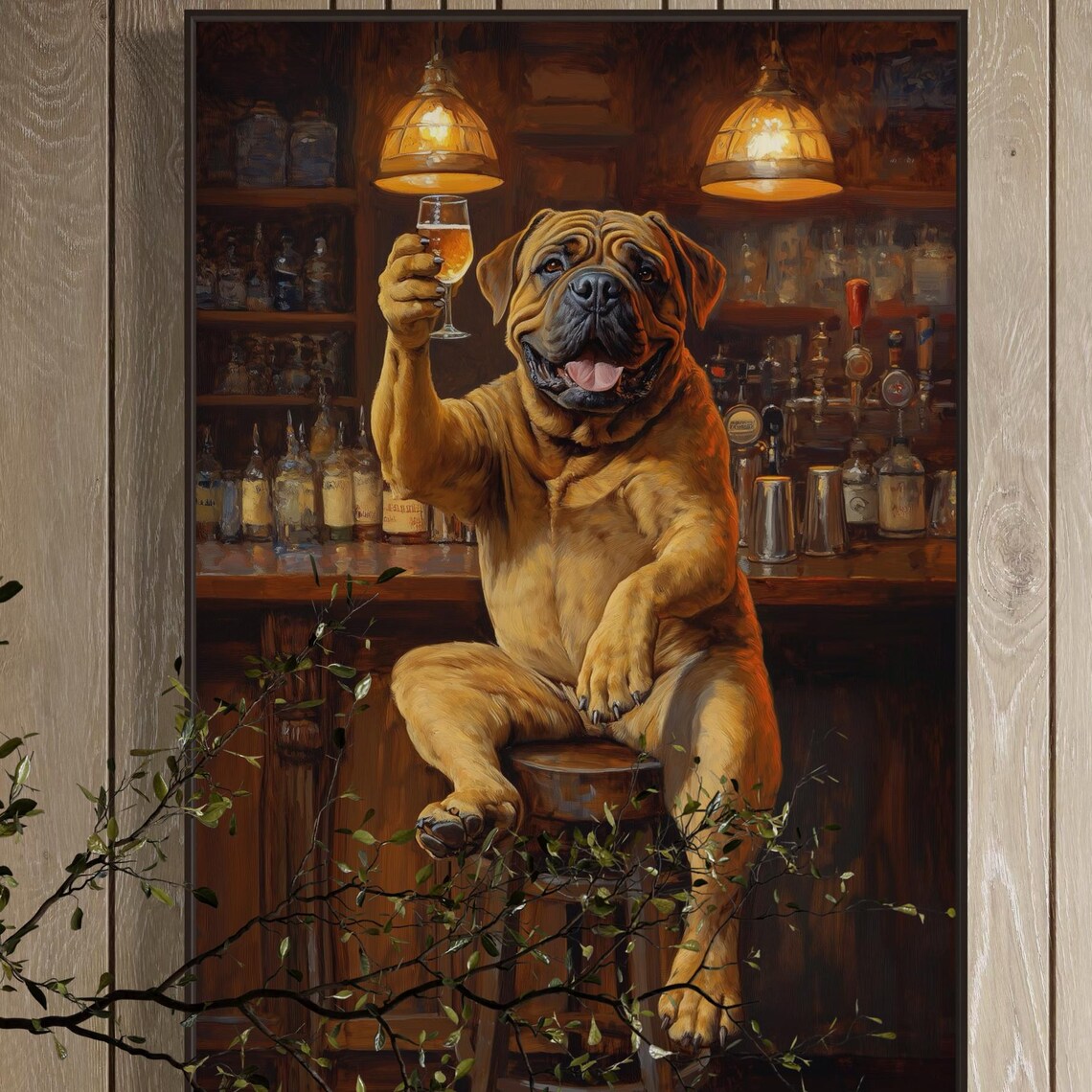Mastiff Pub Dog Raising Beer Glass on Bar Stool Cheers Poster