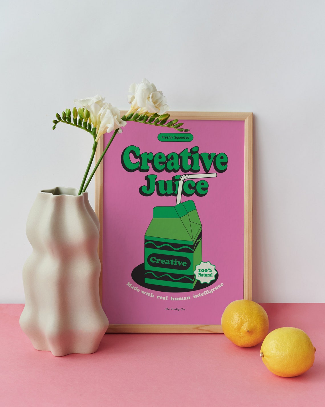Creative Juice Pink and Green Retro Juice Carton Fun Art Poster - Image 2