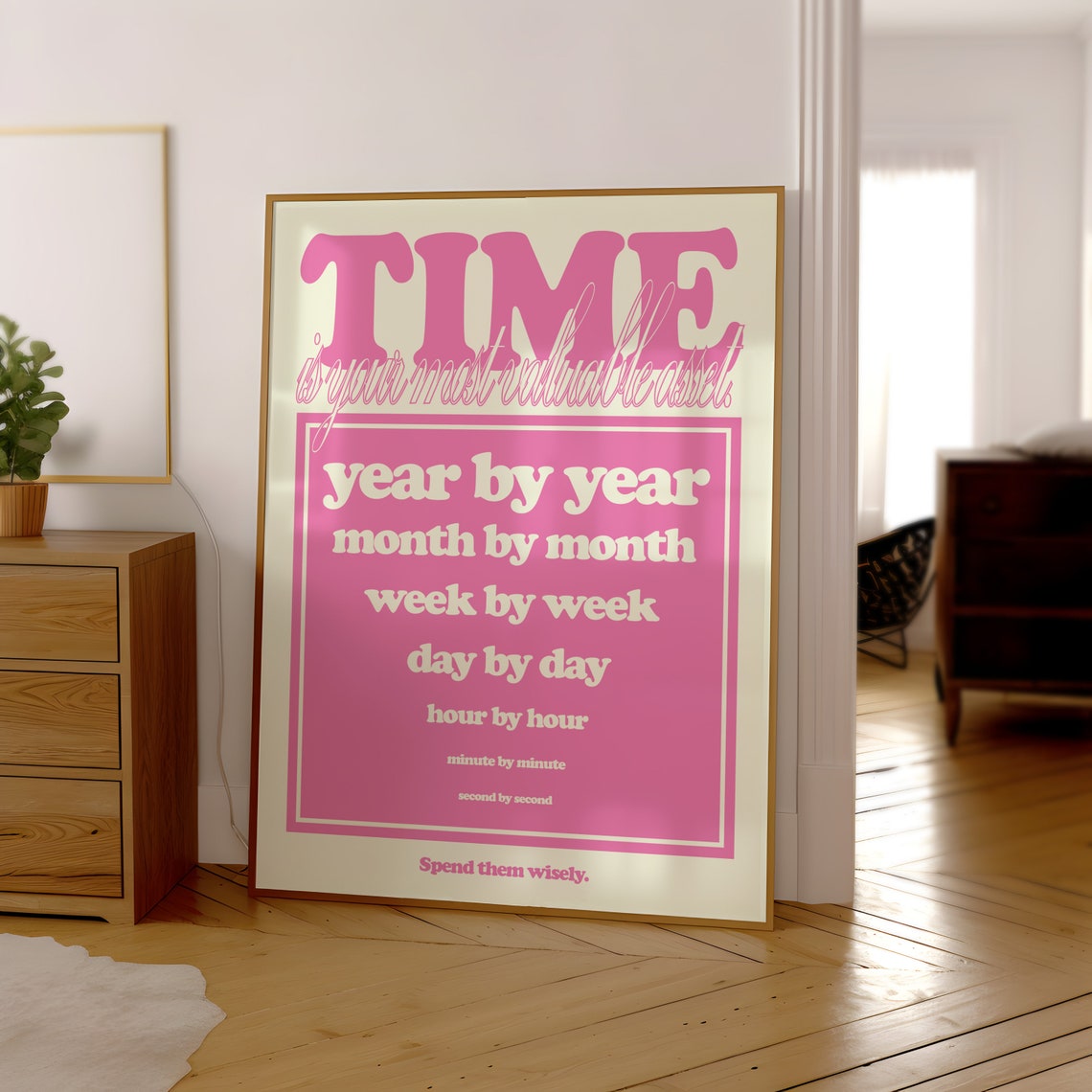 Time Is Your Most Valuable Asset Pink Cream Retro Quote Poster - Image 3