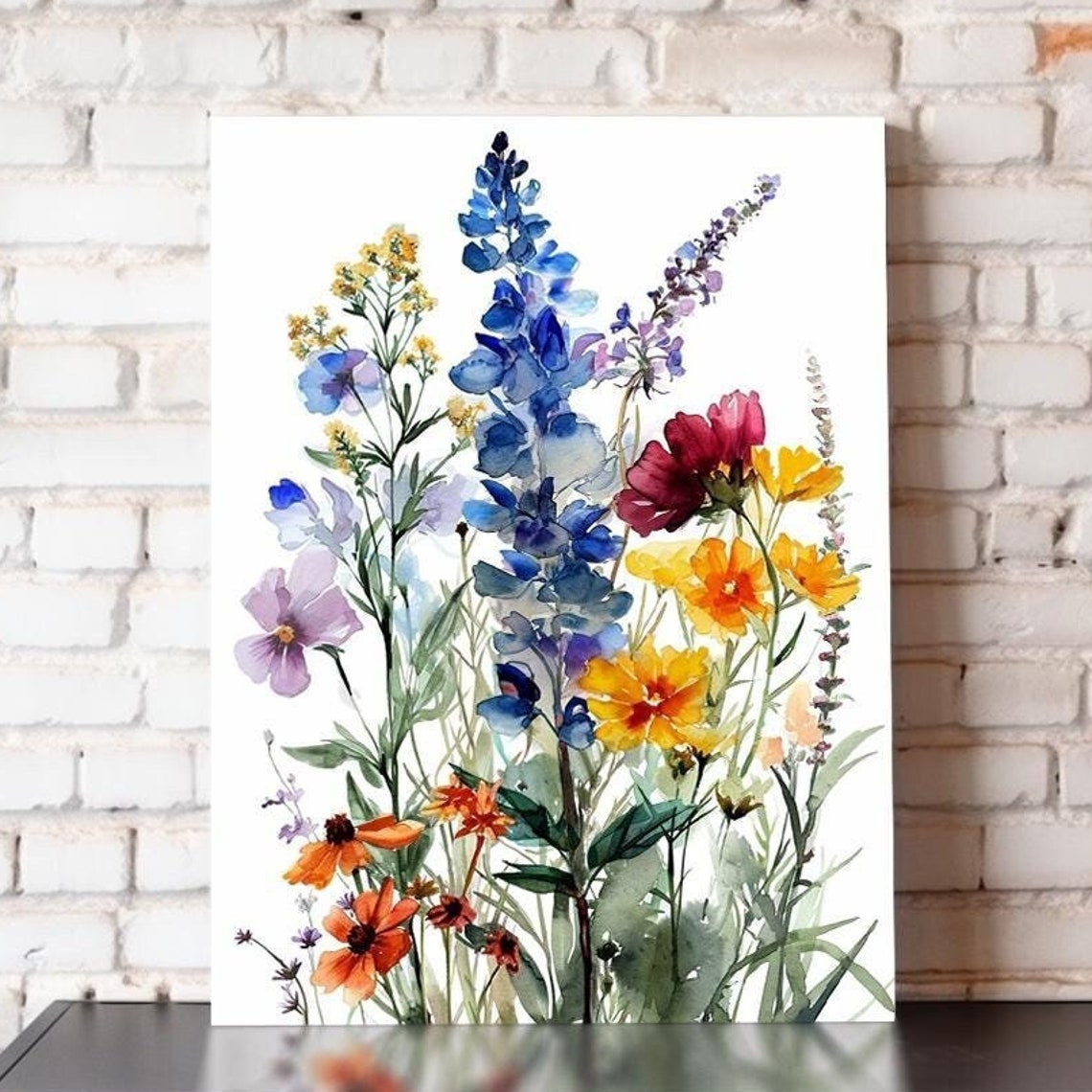 Wildflower Bouquet Blue Delphinium Watercolor Botanical Poster