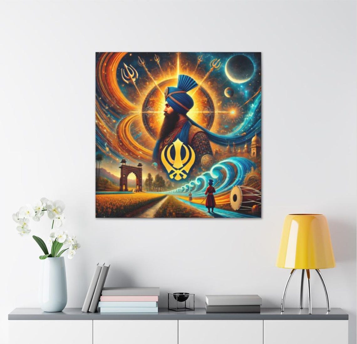 Blue-Turbaned Sikh Warrior before a Cosmic Khanda with Dhol Art Poster