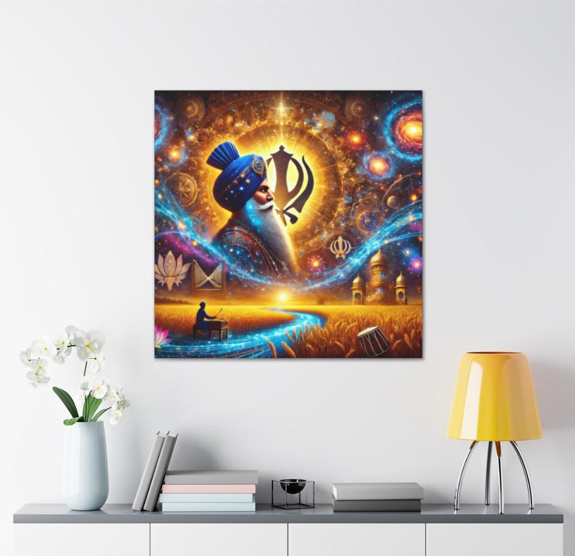 Sikh Warrior Profile beneath a Radiant Khanda in a Starry Sky Poster