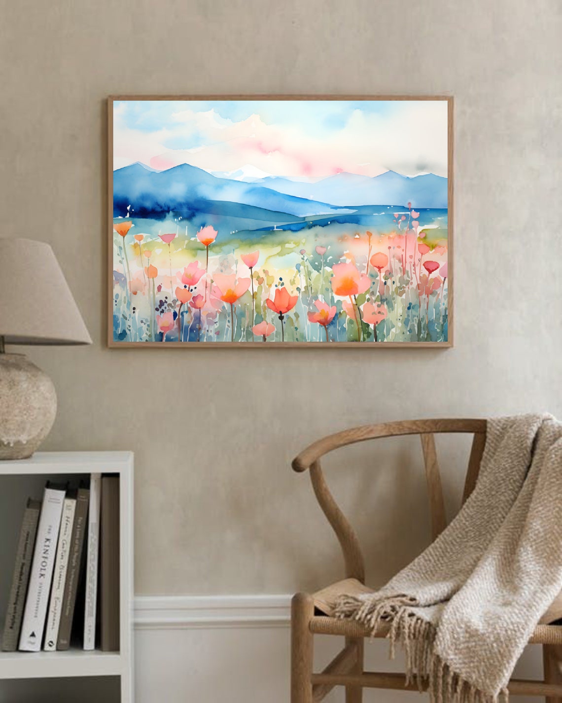 Wildflower Meadow Pink Poppies Blue Mountains Watercolor Art Poster - Image 2