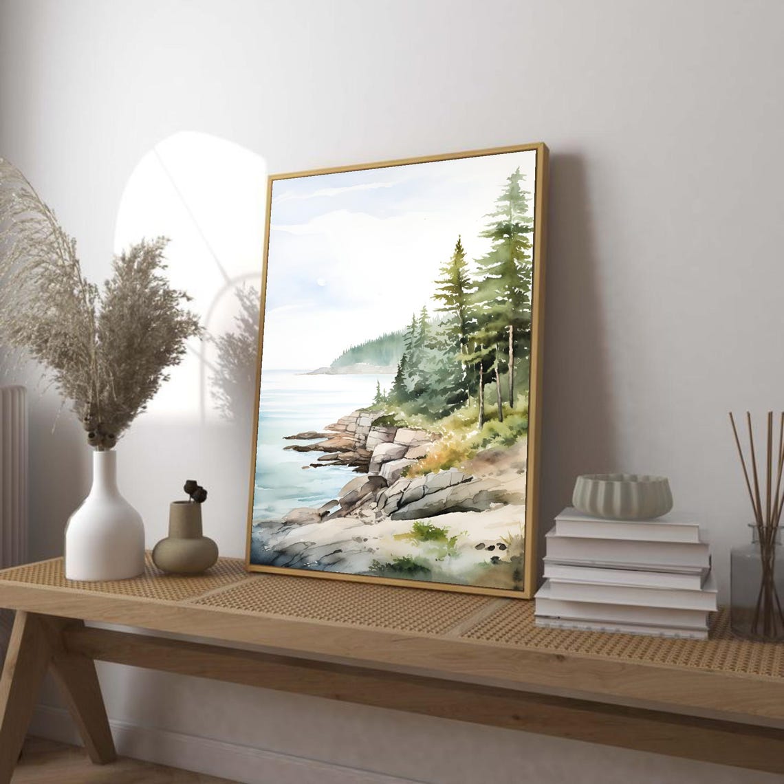 Lake Michigan North Shore Pine Rocky Shoreline Watercolor Poster - Image 4