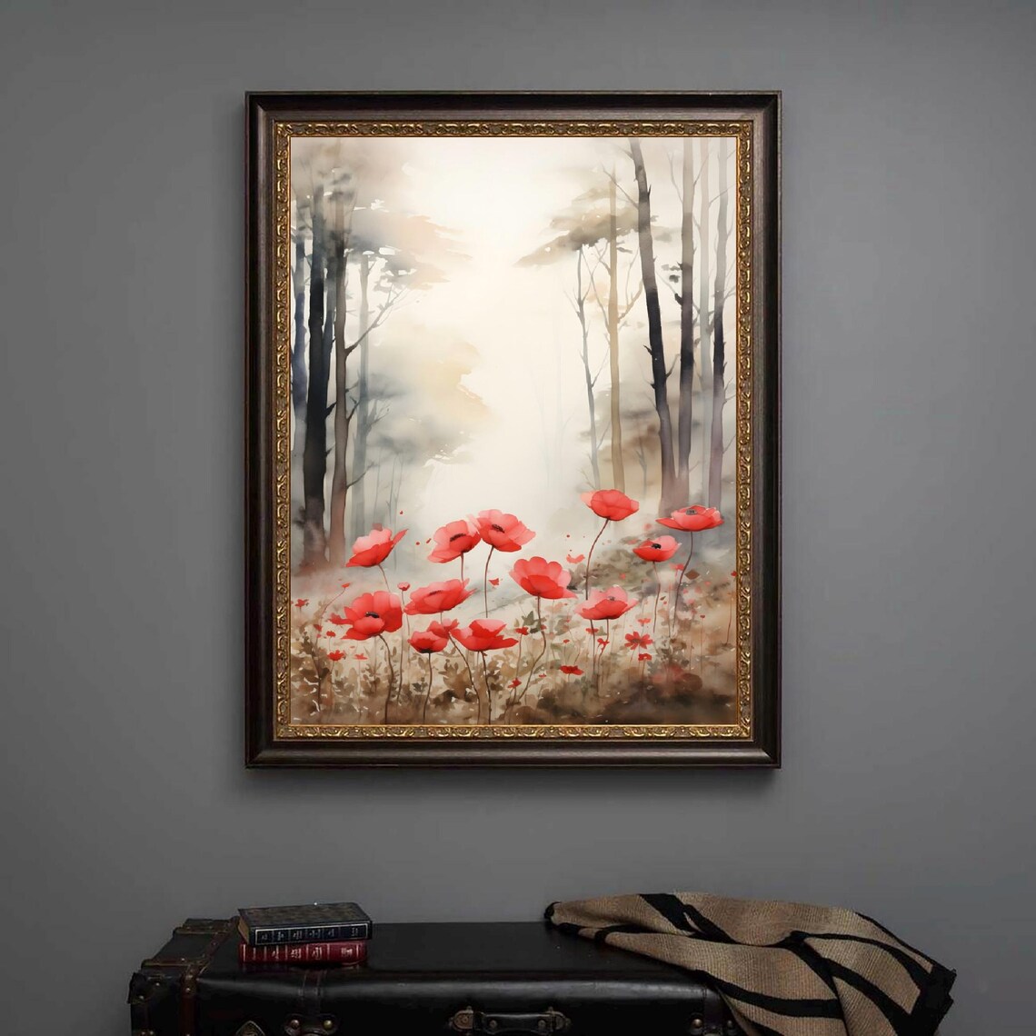 North Carolina Misty Forest Red Poppy Watercolor Floral Art Poster - Image 2
