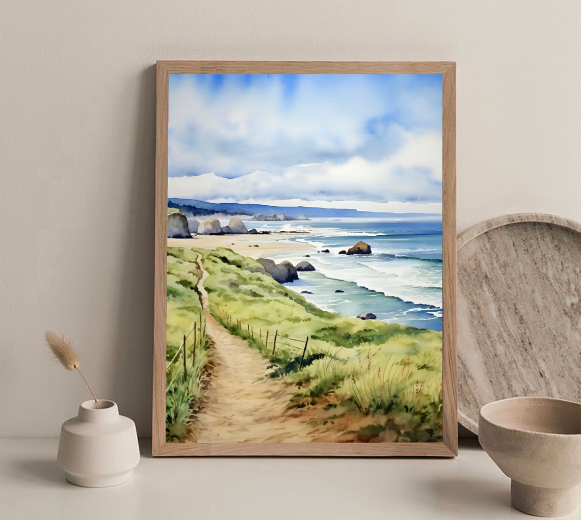 Coastal Trail Bluffs Ocean Beach Sea Stacks Watercolor Scenery Poster - Image 2