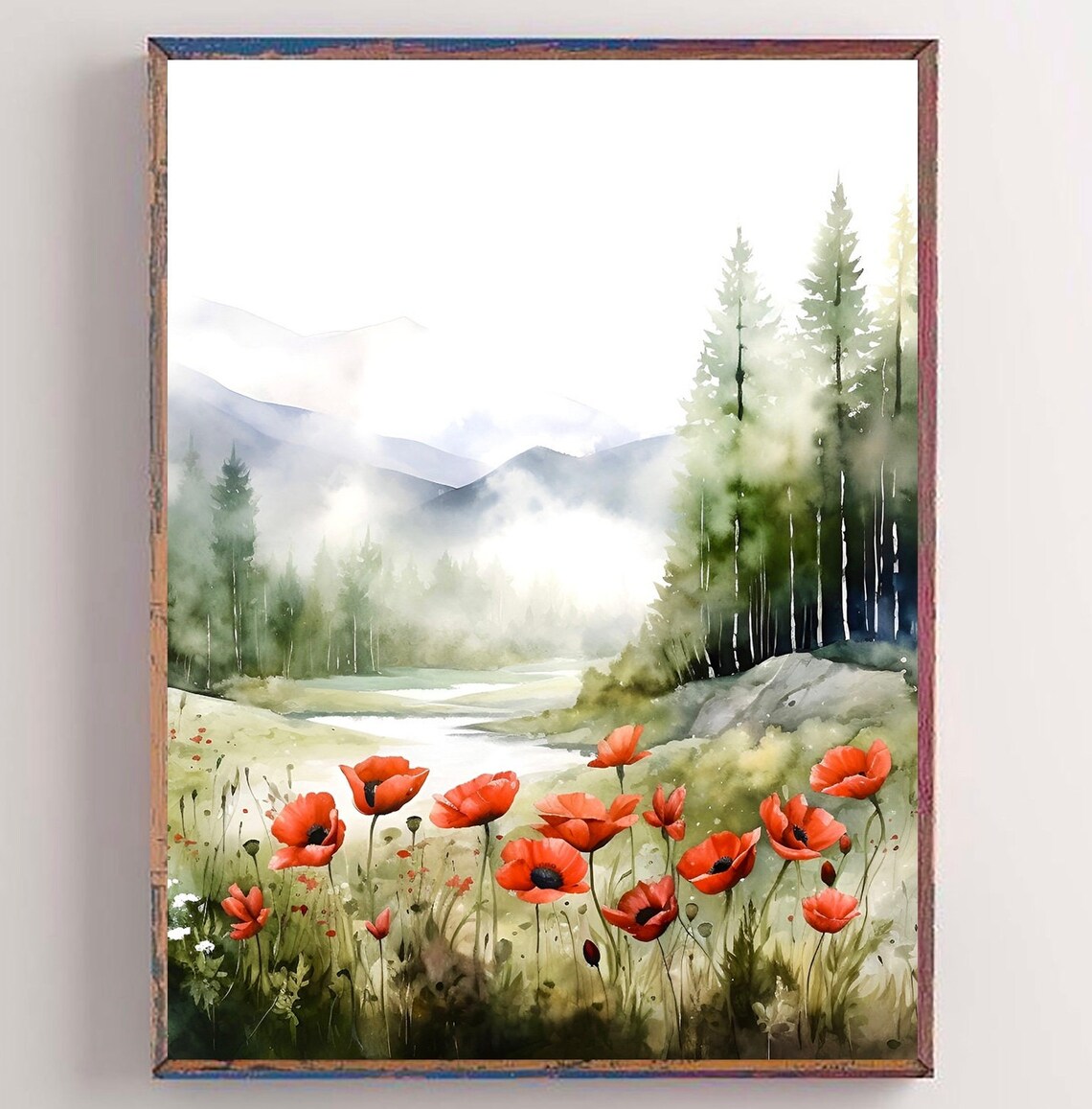 Watercolor Poppy Floral Print, Wildflower Landscape Poster