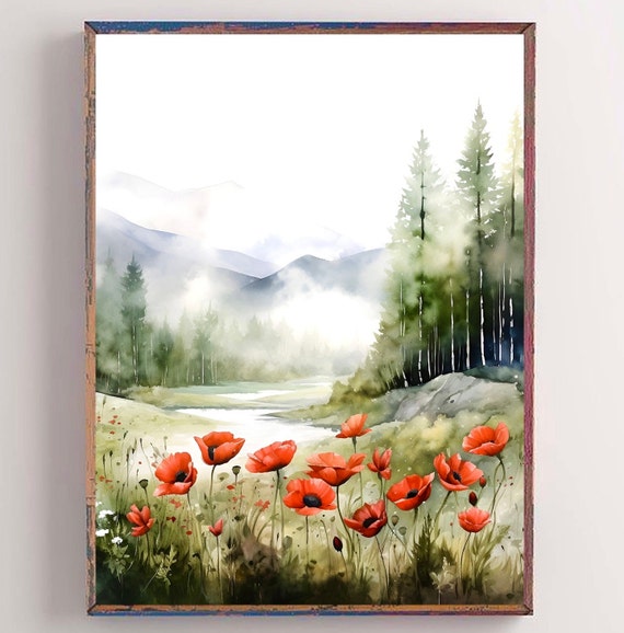 Watercolor Poppy Floral Print, Wildflower Landscape Poster
