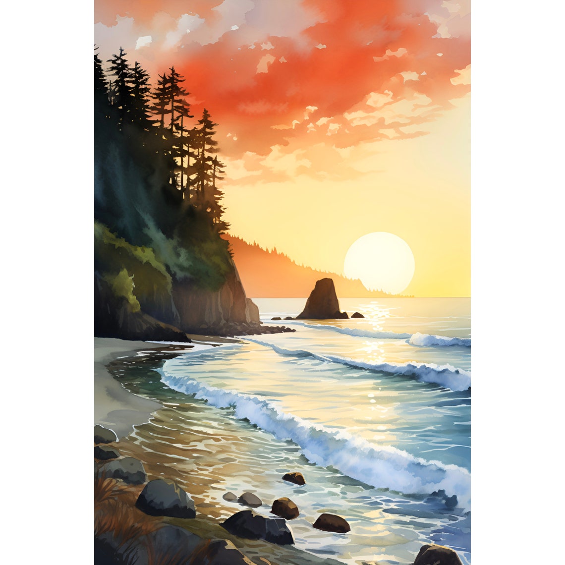 Ruby Beach Sunset Sea Stack Waves Watercolor Coastal Art Poster