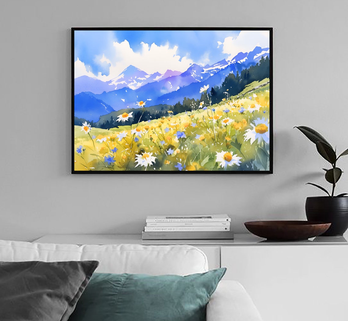 Swiss Alps Wildflower Meadow Daisies Peaks Watercolor Poster - Image 3