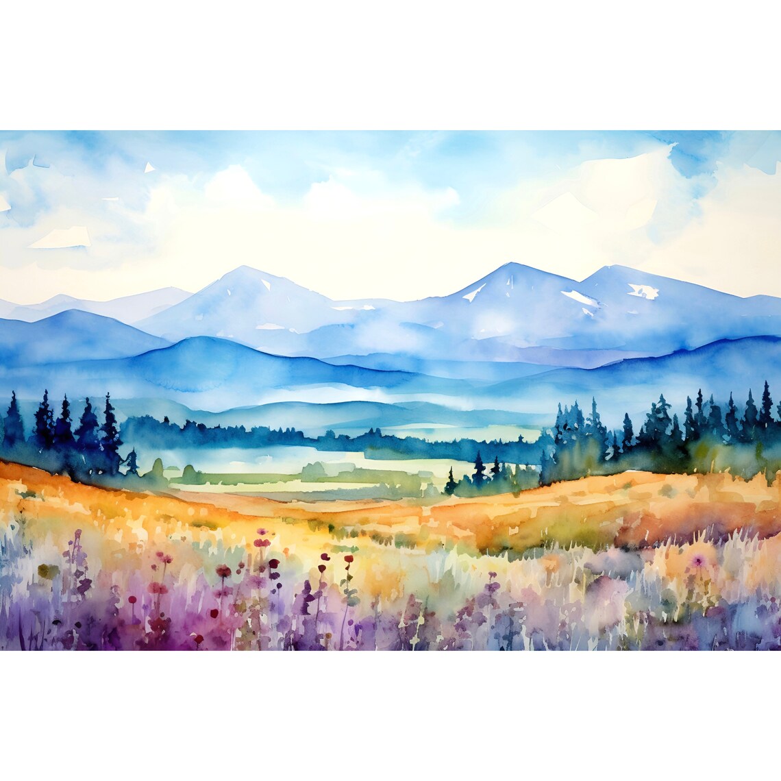 Blue Mountain Valley Watercolor Art Print, Panoramic Retro Landscape