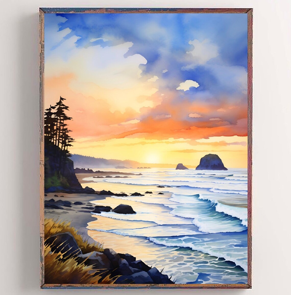 Cannon Beach Watercolor Painting, Oregon Travel Poster