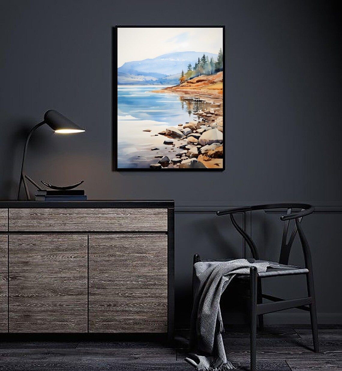 Columbia River Rocky Shore Pine Watercolor Oregon Landscape Poster - Image 3