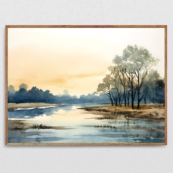Sunrise Forest Lake Print Large Watercolor Painting Neutral Brown Beige Art Panoramic Landscape Foggy Forest Print Tree Minimalist Poster