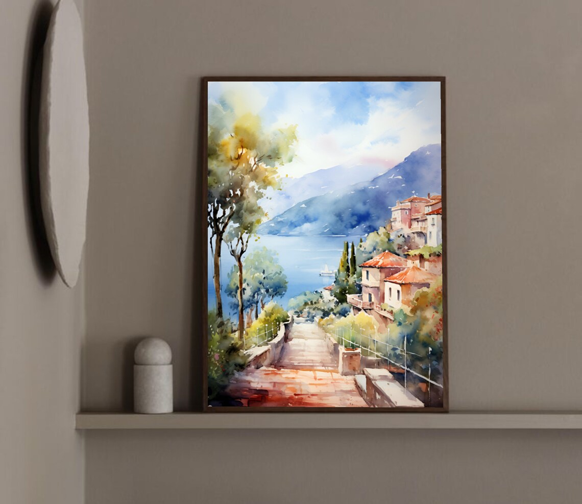 Capri Italy Coastal Town Terrace Sea Mountain Watercolor Poster - Image 3