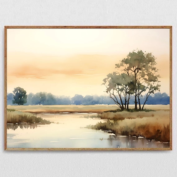 Sunset Painting Watercolor Art Print Panoramic Landscape Art Sunrise Sky Painting Large Nature Wall Art Modern Living Room Decor