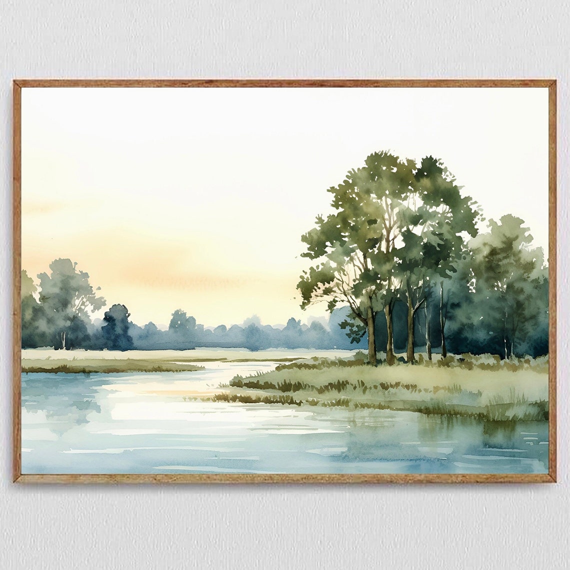 Sunset Lake Orange Sky Silhouette Trees Watercolor Evening Poster