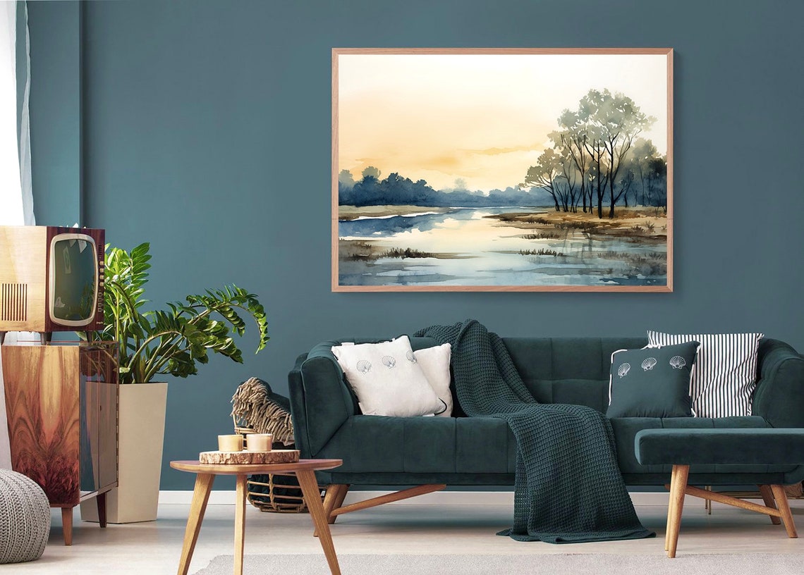 Soft Sunrise Lake Misty Trees Pastel Water Watercolor Art Poster - Image 4